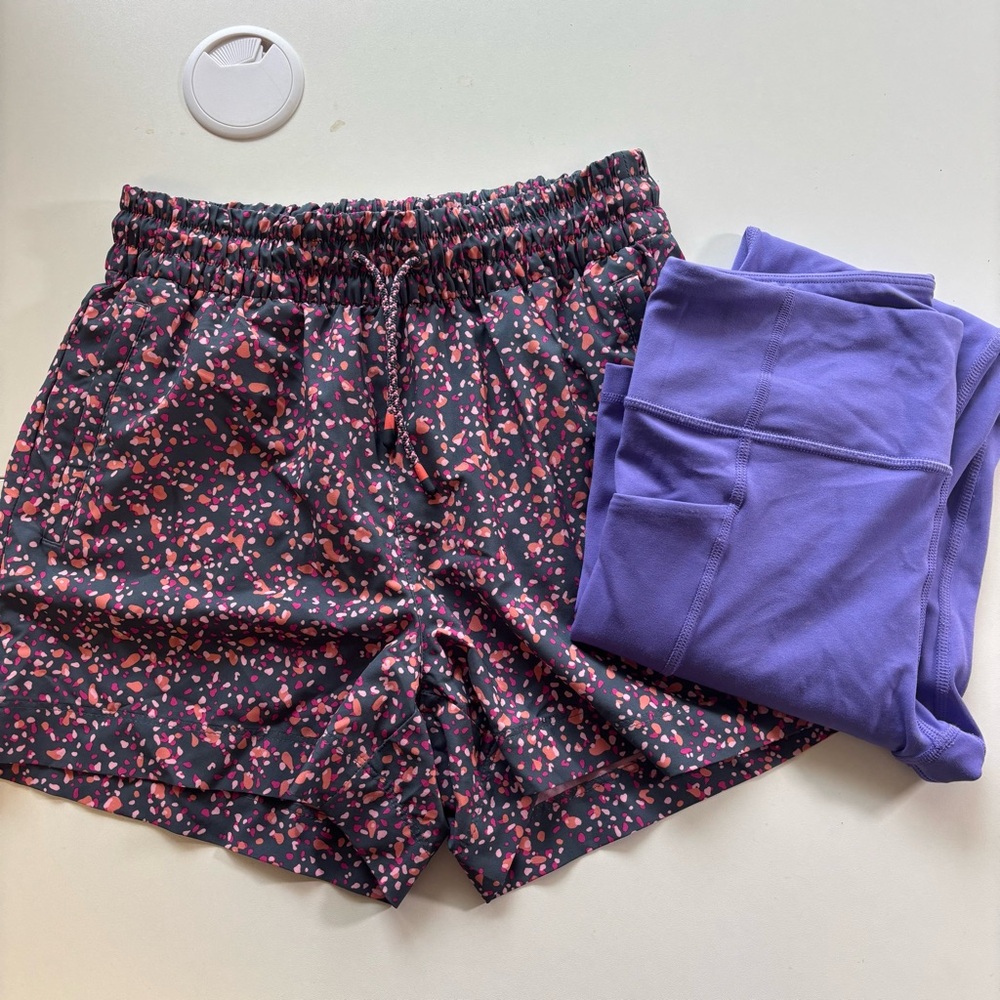 Athleta Girl bundle -‎ print shorts (12) and purple side pocket leggings (14)
